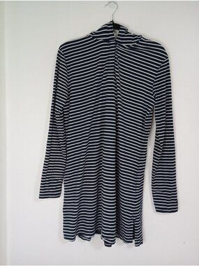 Coolibar UPF 50+ Navy & White Striped Long-Sleeve Hooded Tunic Dress Pockets M